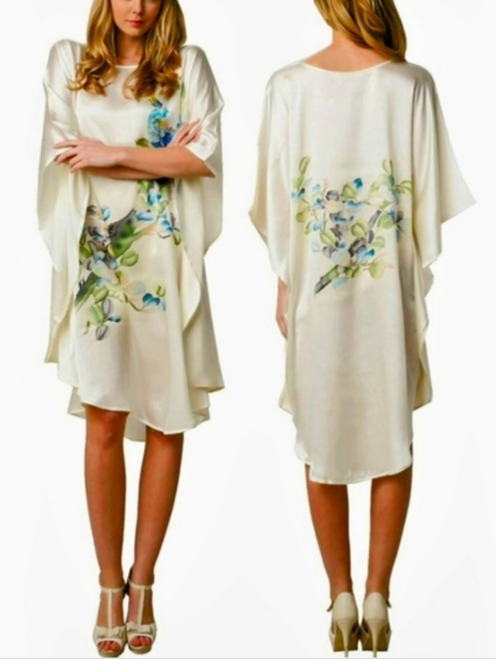 Ledamon 100% Silk Kaftan Dress L Cream Floral Resort Coverup